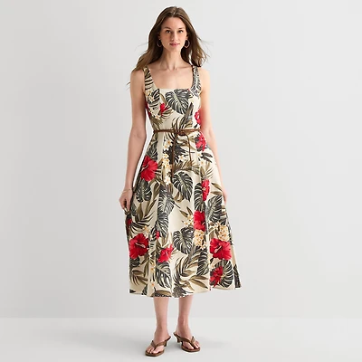Melonie T Womens Midi Square Neck Sleeveless Floral Fit + Flare Dress