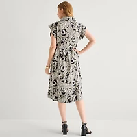 Liz Claiborne Womens Short Sleeve Midi Paisley Shirt Dress