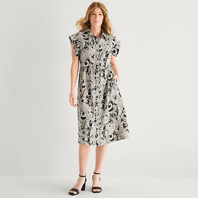 Liz Claiborne Womens Short Sleeve Midi Paisley Shirt Dress