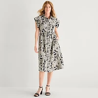 Liz Claiborne Womens Short Sleeve Midi Paisley Shirt Dress