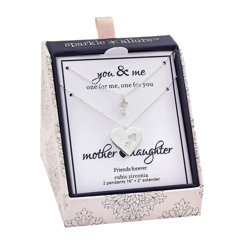 Sparkle Allure You & Me Womens Cubic Zirconia Pure Silver Over Brass Heart 2-pc. Necklace Set