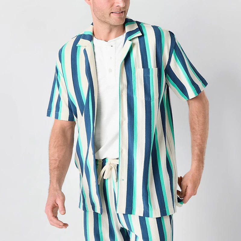 St. John's Bay French Terry Mens Short Sleeve Camp Shirt