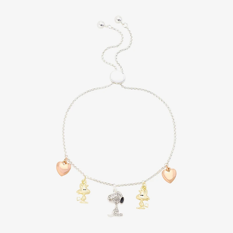 Womens Crystal 10K Gold Over Brass 14k Rose Gold Over Brass Heart Peanuts Snoopy Charm Bracelet