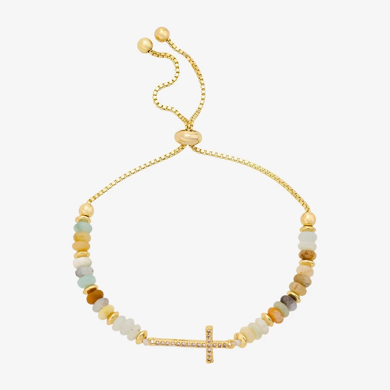 Footnotes Womens Champagne Amazonite 14K Gold Over Brass Cross Bolo Bracelet