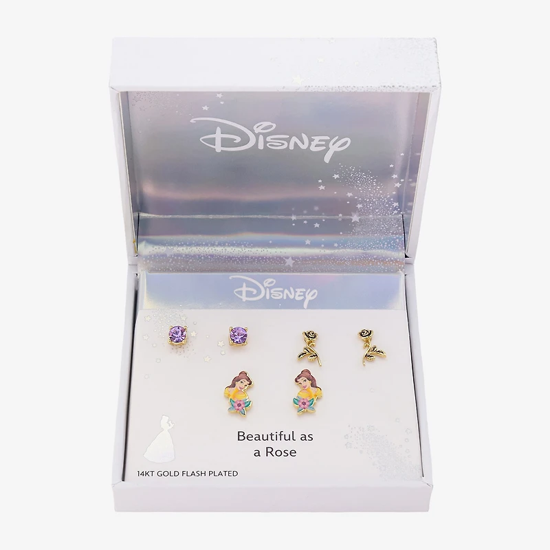 Disney Classics Womens 10K Gold Over Brass Flower Beauty and the Beast 3 Pair Earring Set