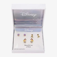 Disney Classics Womens 10K Gold Over Brass Flower Beauty and the Beast 3 Pair Earring Set