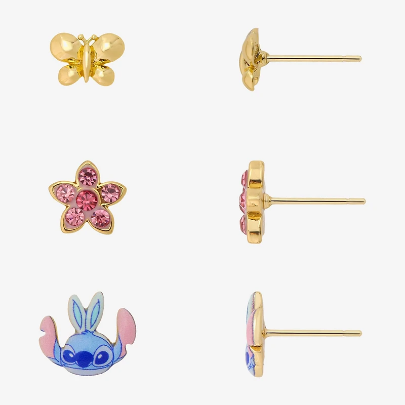 Disney Classics Womens Pink Cubic Zirconia 10K Gold Over Brass Butterfly Flower Lilo & Stitch Stitch 3 Pair Earring Set