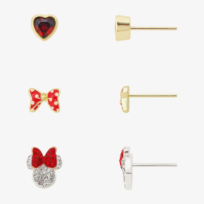 Disney Classics Womens Red Cubic Zirconia 14K Gold Over Brass Bow Minnie Mouse 3 Pair Earring Set
