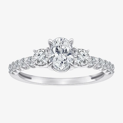 (I / Si2) Womens 1 CT. T.W. Lab Grown White Diamond Sterling Silver Oval Side Stone Engagement Ring