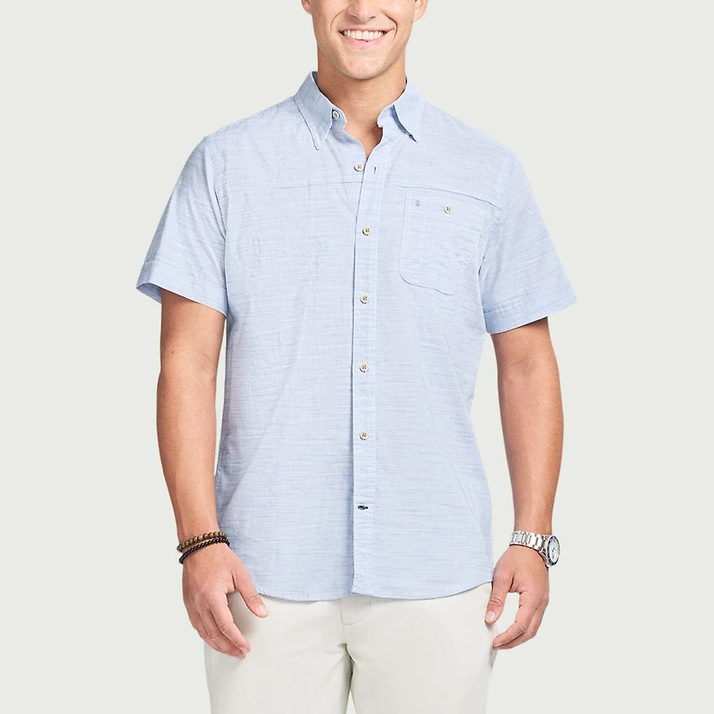 IZOD Dockside Chambray Mens Short Sleeve Classic Fit Big and Tall Button-Down Shirt