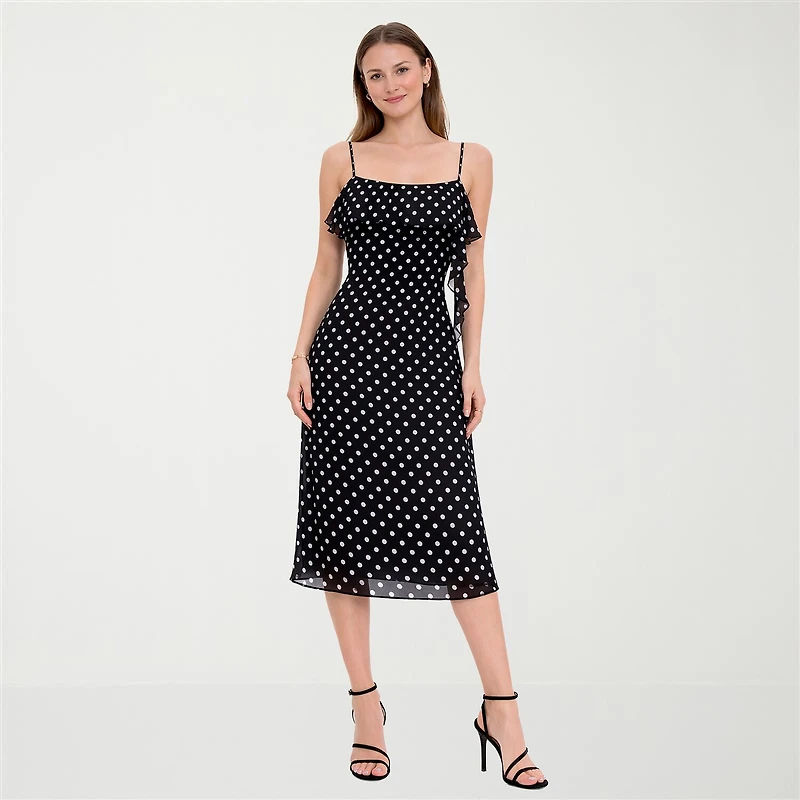 Jump Apparel Womens Juniors Midi Scoop Neck Short Sleeve Polka Dot A-Line Dress