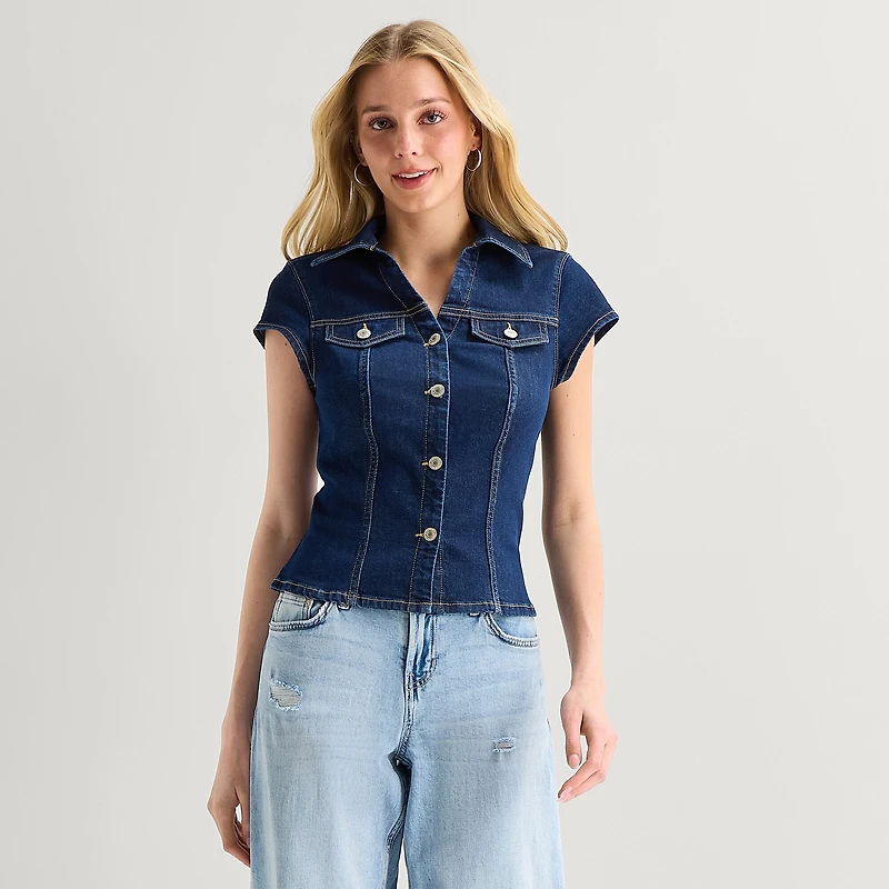 Arizona Womens Juniors Short Sleeve Regular Fit Button-Down Shirt