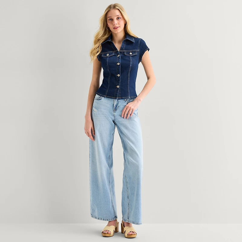 Arizona Womens Juniors Short Sleeve Regular Fit Button-Down Shirt
