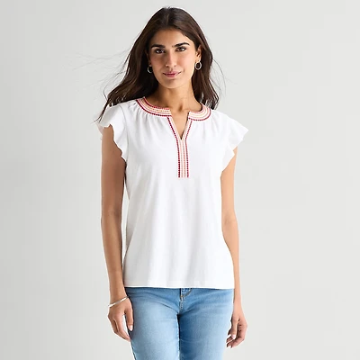 St. John's Bay Womens Split Crew Neck Short Sleeve Blouse