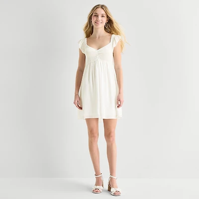 Secret Charm Womens Juniors Sweetheart Neck Short Sleeve Babydoll Dress