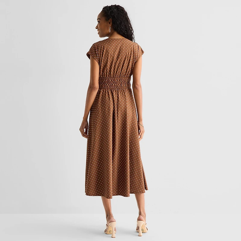 Danny & Nicole Womens Midi V Neck Sleeveless Cap Polka Dot Fit + Flare Dress