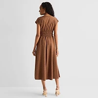 Danny & Nicole Womens Midi V Neck Sleeveless Cap Polka Dot Fit + Flare Dress