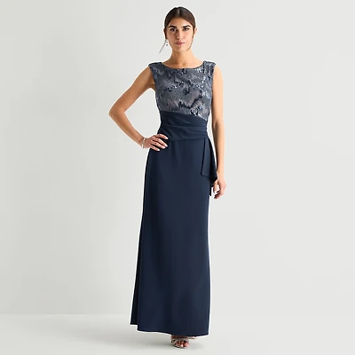Brianna Milay Womens Round Neck Sleeveless Cap Embellished Evening Gown