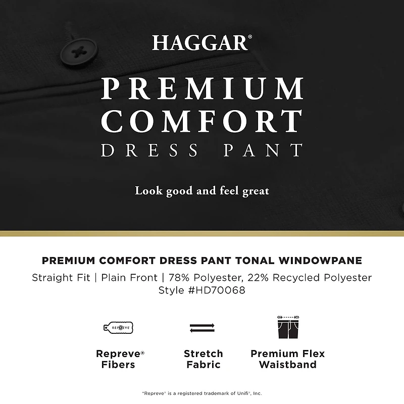 Haggar Premium Comfort Tonal Windowpane Mens Waistband Straight Fit Dress Flat Front Pant