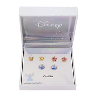 Disney Classics Womens Pink Cubic Zirconia 10K Gold Over Brass Butterfly Flower Lilo & Stitch Stitch 3 Pair Earring Set