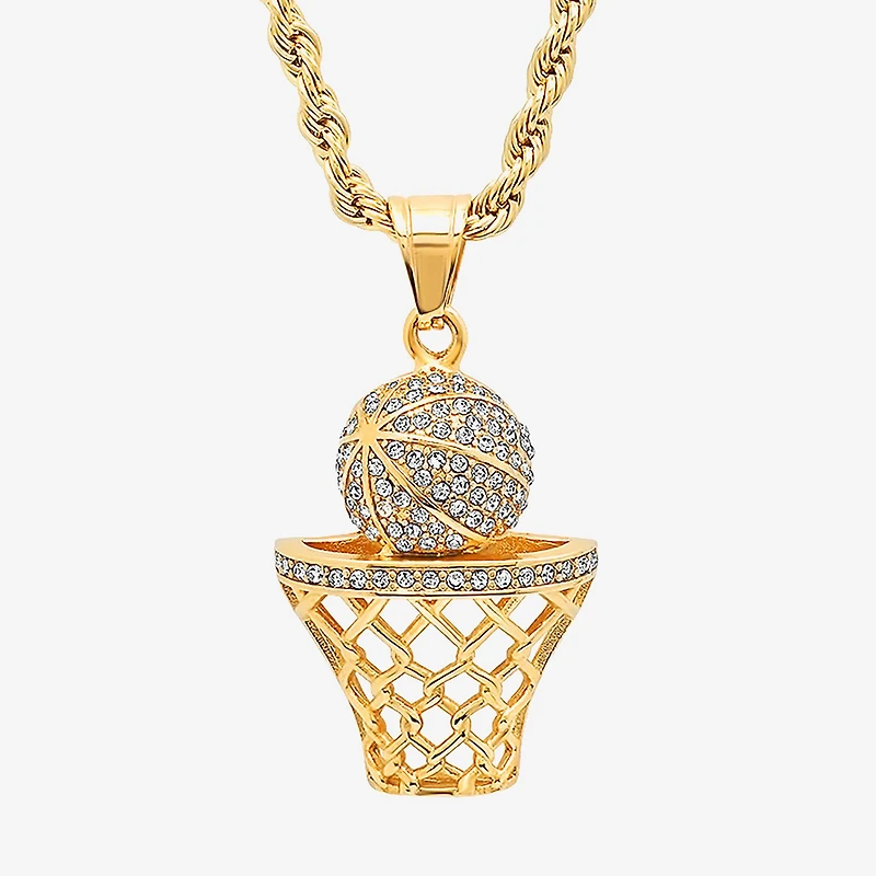 Steeltime Basketball Mens 2 1/4 CT. T.W. White Cubic Zirconia 18K Gold Over Stainless Steel Hypoallergenic 24 Inch Pendant Necklace
