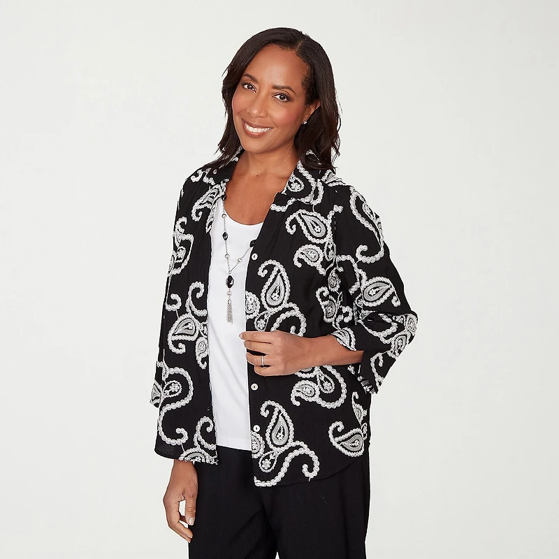 Alfred Dunner Crowd Pleaser Womens 3/4 Sleeve Embroidered Blouse