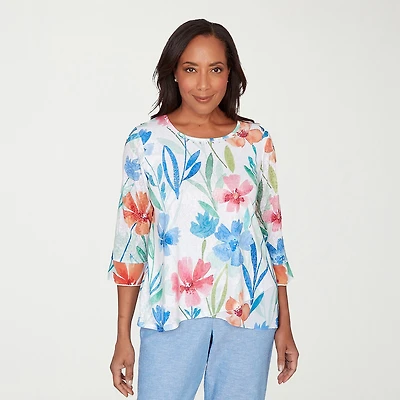 Alfred Dunner Caribbean Blues Womens Round Neck 3/4 Sleeve T-Shirt