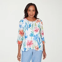 Alfred Dunner Caribbean Blues Womens Round Neck 3/4 Sleeve T-Shirt
