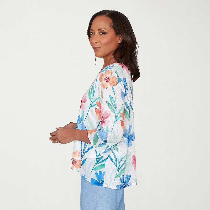 Alfred Dunner Caribbean Blues Womens Round Neck 3/4 Sleeve T-Shirt
