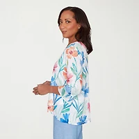 Alfred Dunner Caribbean Blues Womens Round Neck 3/4 Sleeve T-Shirt