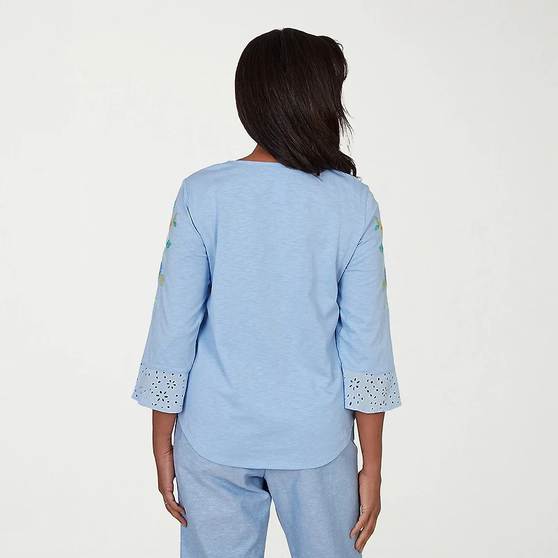 Alfred Dunner Caribbean Blues Womens Split Crew Neck 3/4 Sleeve T-Shirt