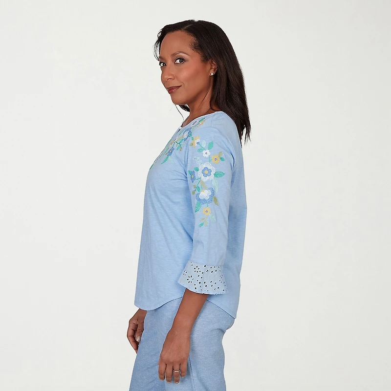 Alfred Dunner Caribbean Blues Womens Split Crew Neck 3/4 Sleeve T-Shirt