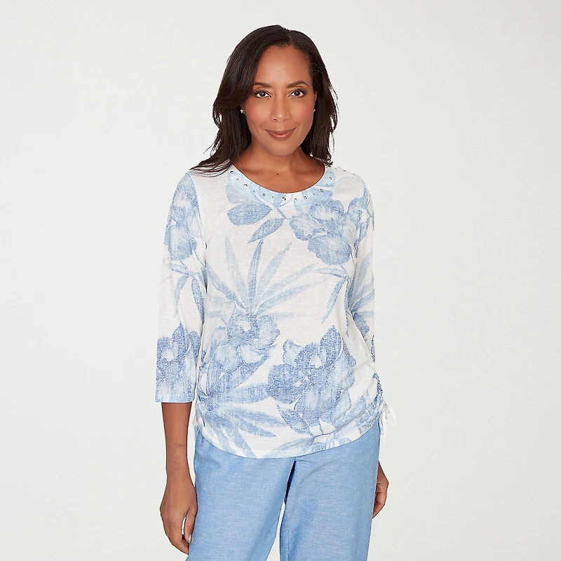 Alfred Dunner Caribbean Blues Womens Crew Neck 3/4 Sleeve T-Shirt