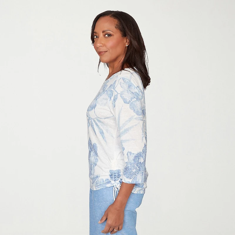 Alfred Dunner Caribbean Blues Womens Crew Neck 3/4 Sleeve T-Shirt