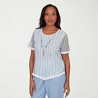 Alfred Dunner Caribbean Blues Womens Crew Neck Short Sleeve T-Shirt