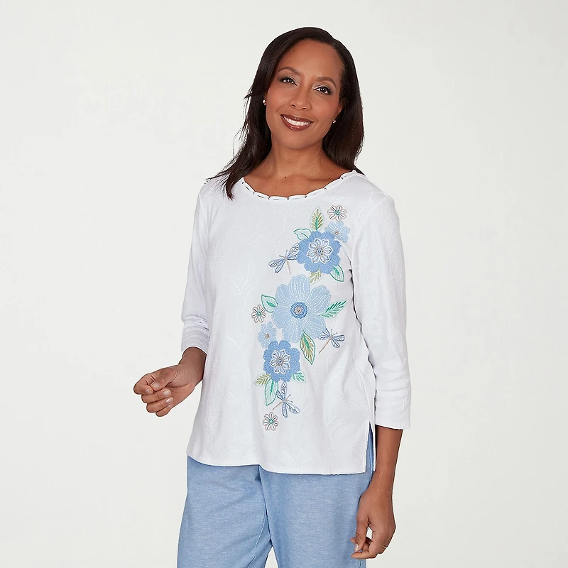Alfred Dunner Caribbean Blues Womens Crew Neck 3/4 Sleeve T-Shirt