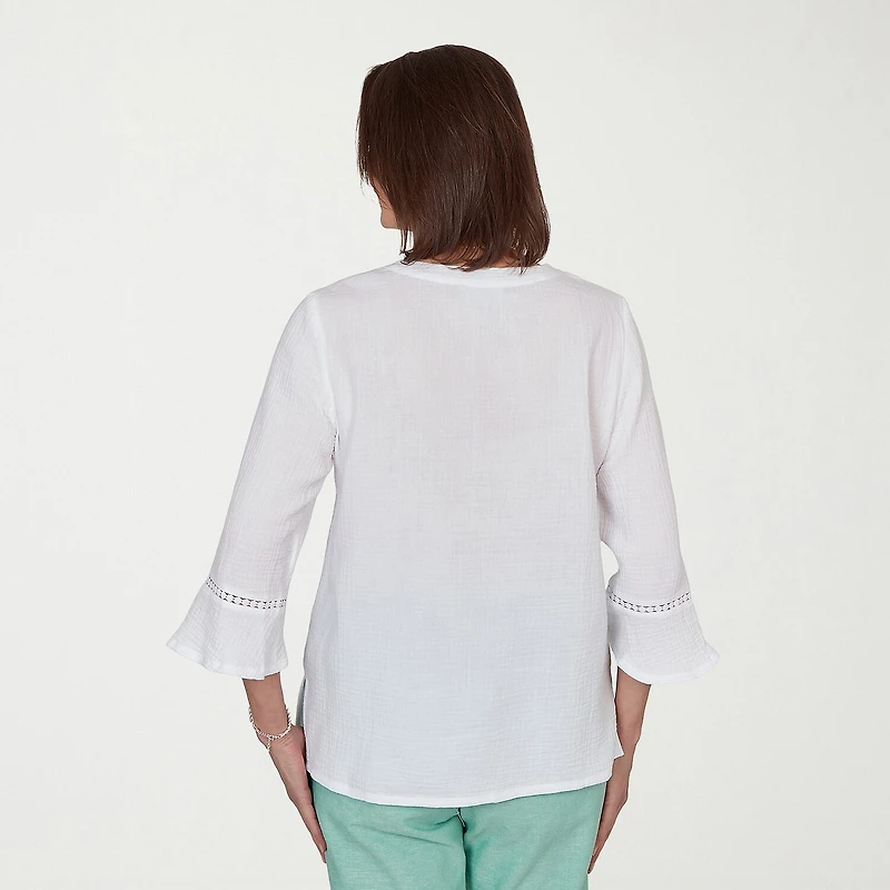 Alfred Dunner Caribbean Blues Womens Split Crew Neck 3/4 Sleeve Blouse