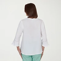 Alfred Dunner Caribbean Blues Womens Split Crew Neck 3/4 Sleeve Blouse