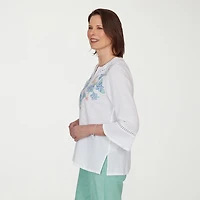 Alfred Dunner Caribbean Blues Womens Split Crew Neck 3/4 Sleeve Blouse