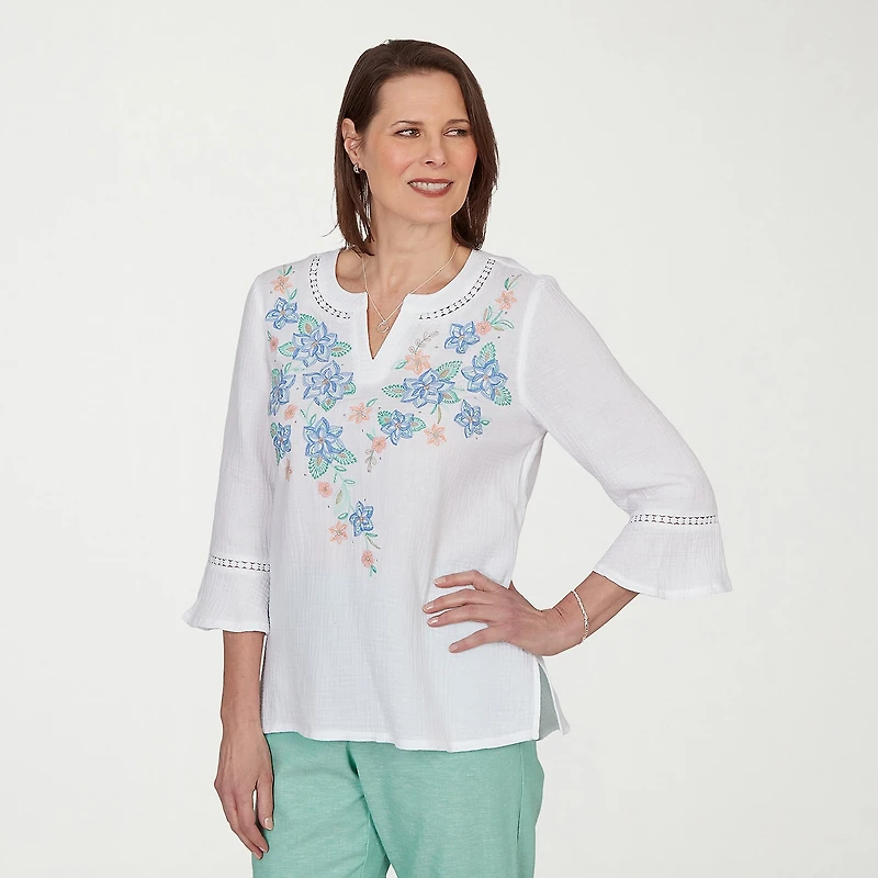 Alfred Dunner Caribbean Blues Womens Split Crew Neck 3/4 Sleeve Blouse