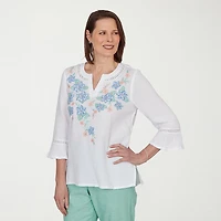 Alfred Dunner Caribbean Blues Womens Split Crew Neck 3/4 Sleeve Blouse