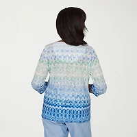 Alfred Dunner Caribbean Blues Womens Split Crew Neck 3/4 Sleeve T-Shirt