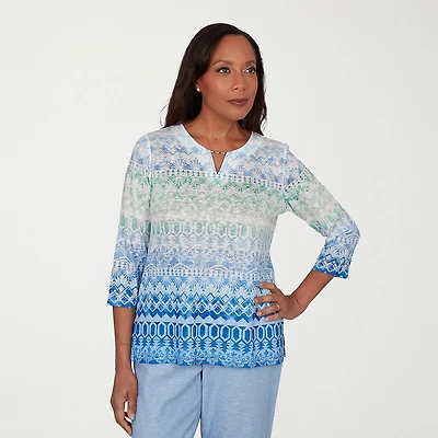Alfred Dunner Caribbean Blues Womens Split Crew Neck 3/4 Sleeve T-Shirt