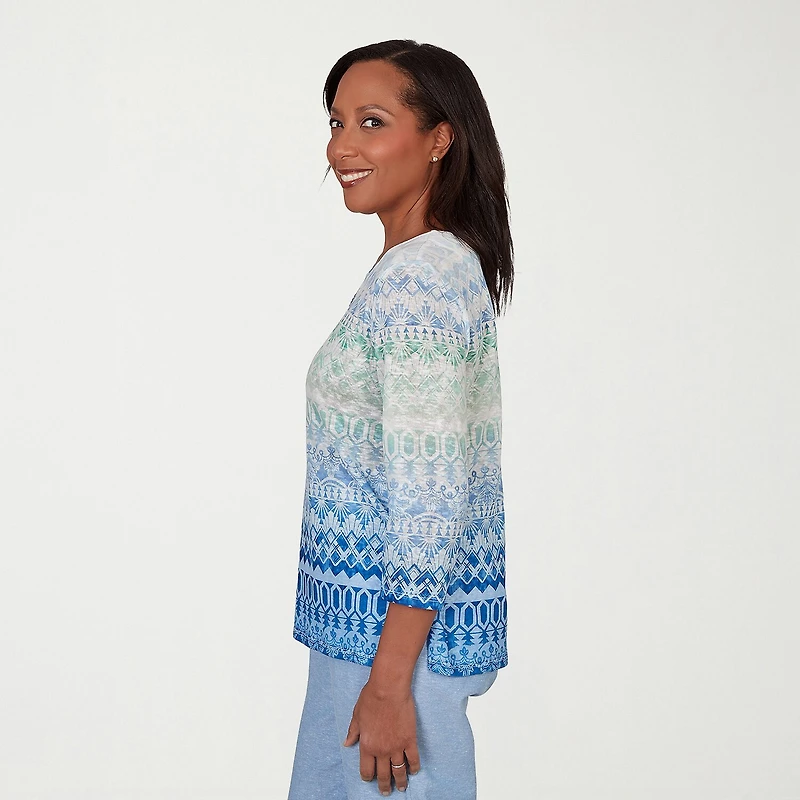 Alfred Dunner Caribbean Blues Womens Split Crew Neck 3/4 Sleeve T-Shirt
