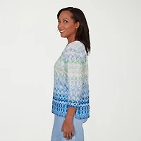Alfred Dunner Caribbean Blues Womens Split Crew Neck 3/4 Sleeve T-Shirt