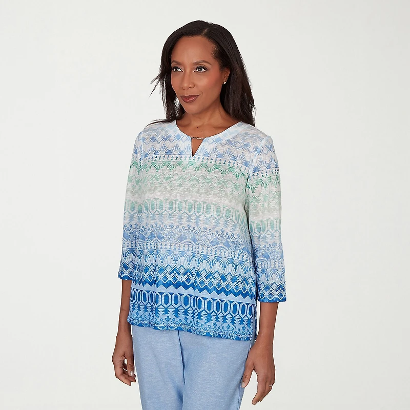 Alfred Dunner Caribbean Blues Womens Split Crew Neck 3/4 Sleeve T-Shirt