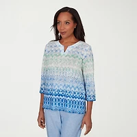Alfred Dunner Caribbean Blues Womens Split Crew Neck 3/4 Sleeve T-Shirt