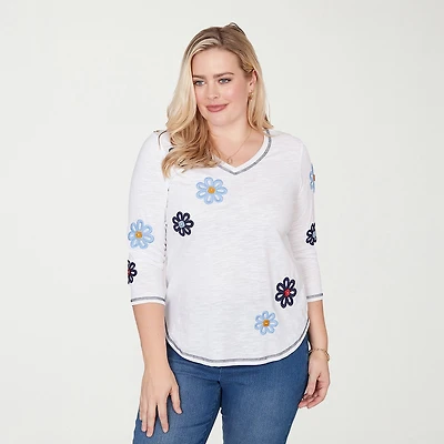 Alfred Dunner Port Side Womens V Neck 3/4 Sleeve T-Shirt