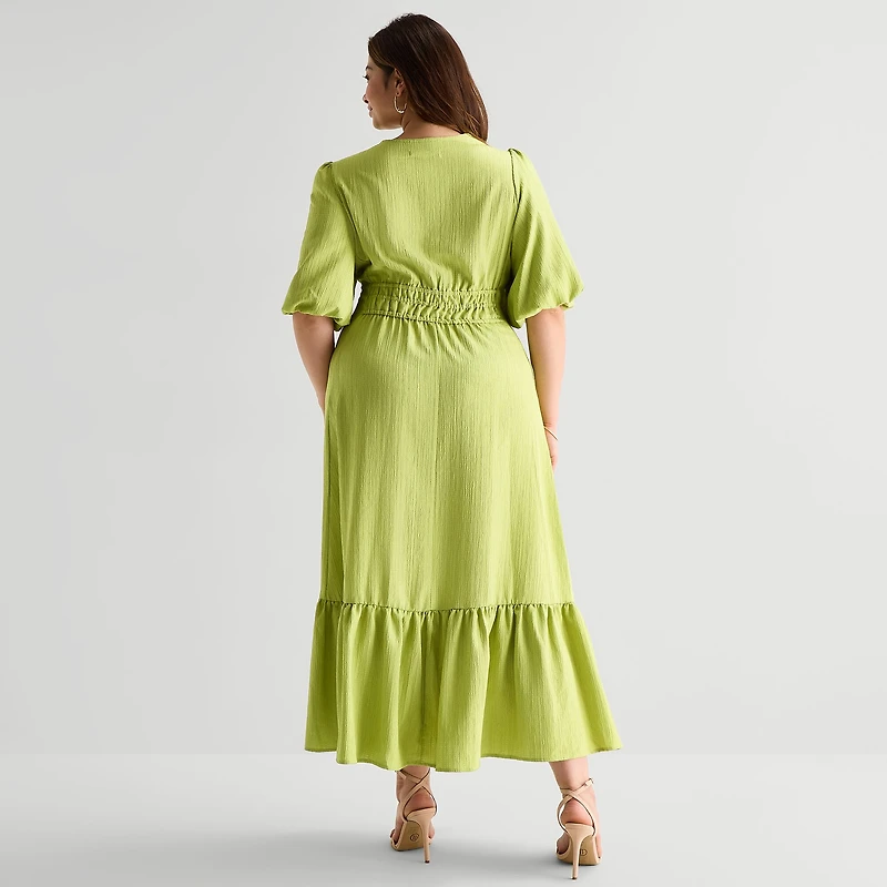 Melonie T Womens Plus Midi V Neck Elbow Sleeve Puffed Fit + Flare Dress