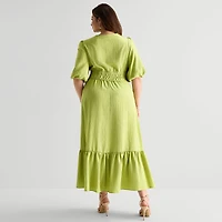 Melonie T Womens Plus Midi V Neck Elbow Sleeve Puffed Fit + Flare Dress